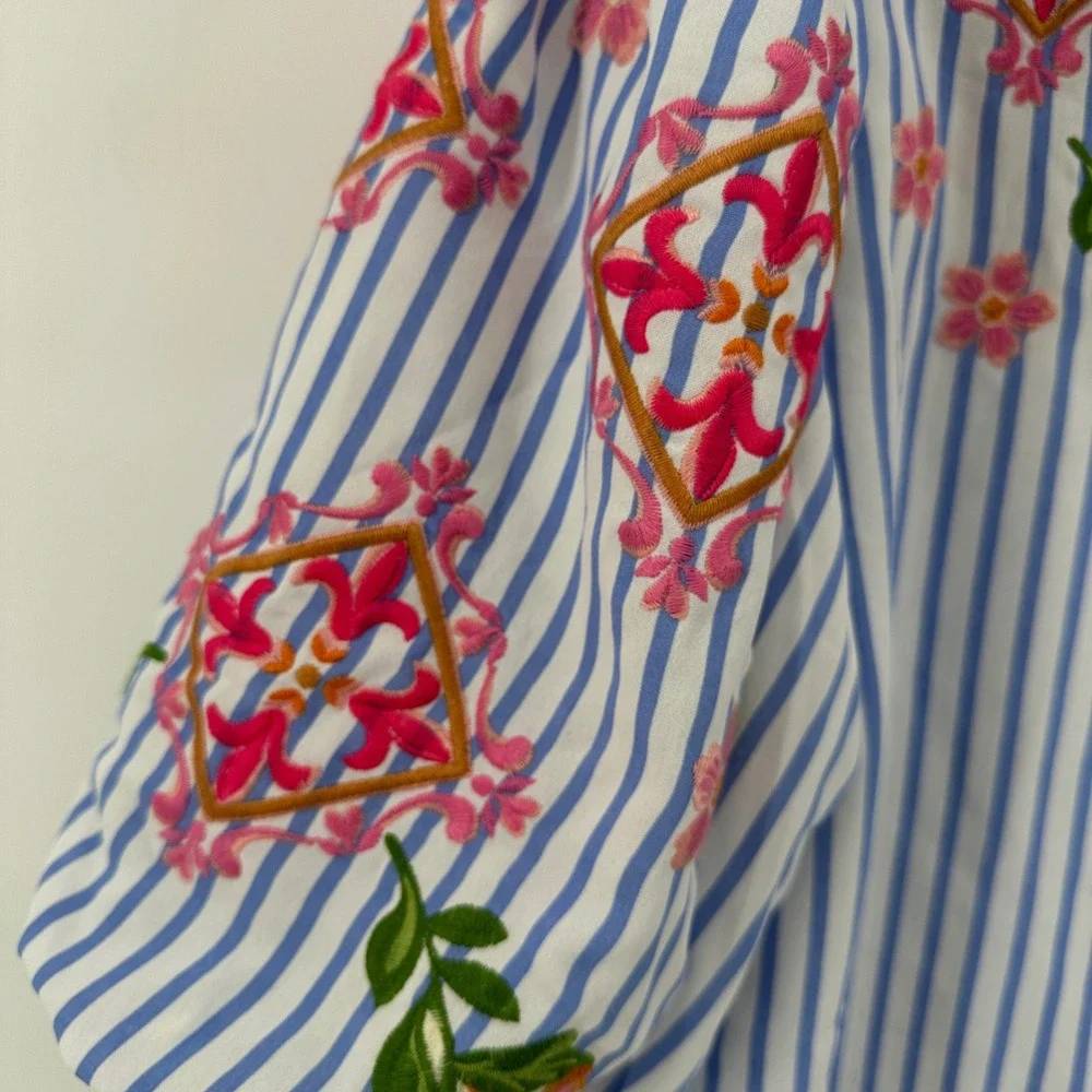 THML Blue & White Striped Embroidered Peasant Blouse with Pink Floral Accents